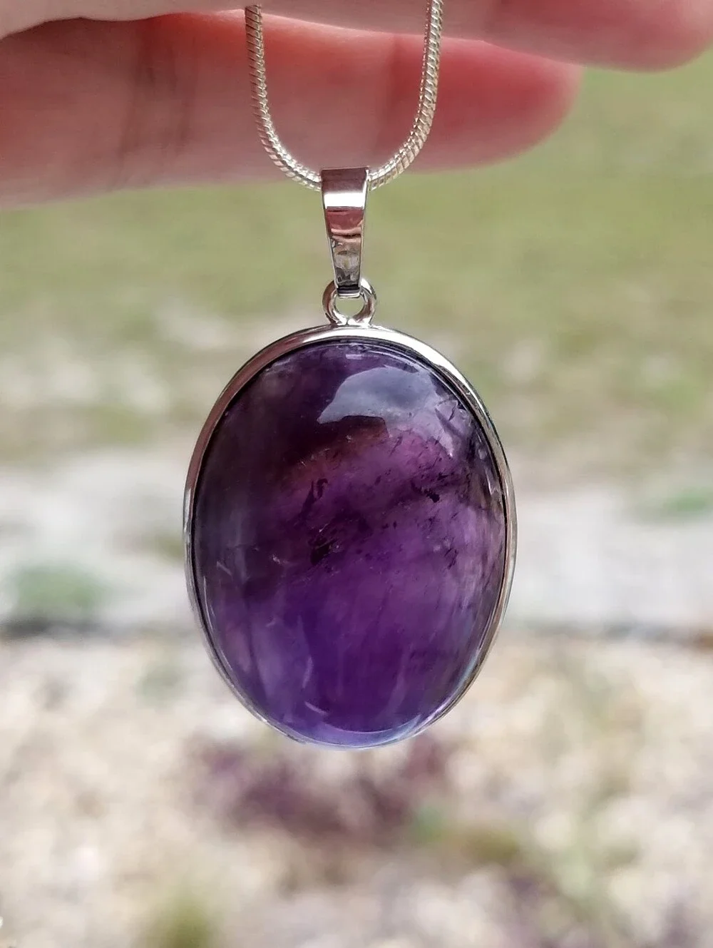 Sterling Silver Large Oval Amethyst Cabochon Pendant Necklace, Amethyst Jewelry
